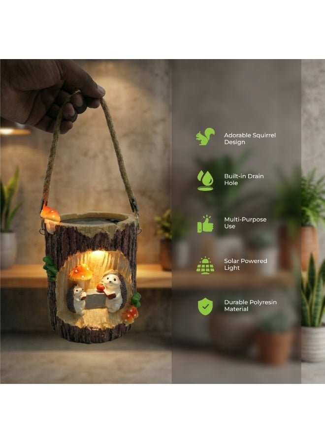 Woodland Solar Squirrel Planter with Automatic Light Cute Animal Succulent Pot Tree Trunk Flower Pot Indoor Outdoor Garden Decor Polyresin Plant Pot Pen Holder Gift Decorative Propagator Kit - Image 4